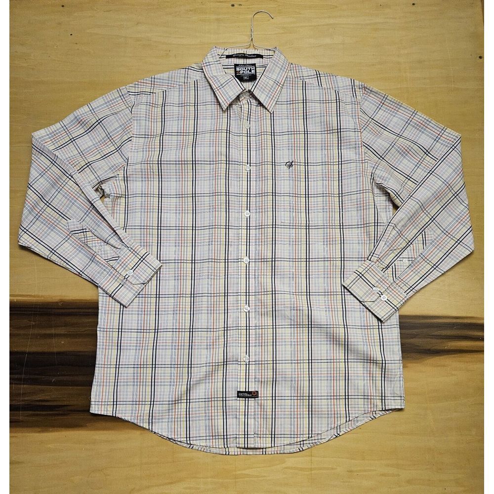Vintage Southpole Shirt Men XL Button Up Red Black Yellow Line Plaid Long Sleeve